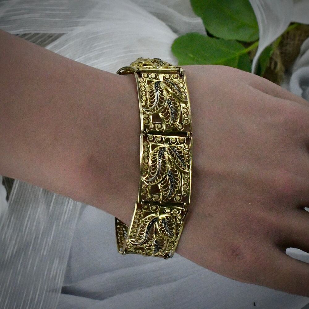 Vintage Art Deco 800 Silver Gilded Marcasite Filigree Bracelet Gold Wash Vermeil